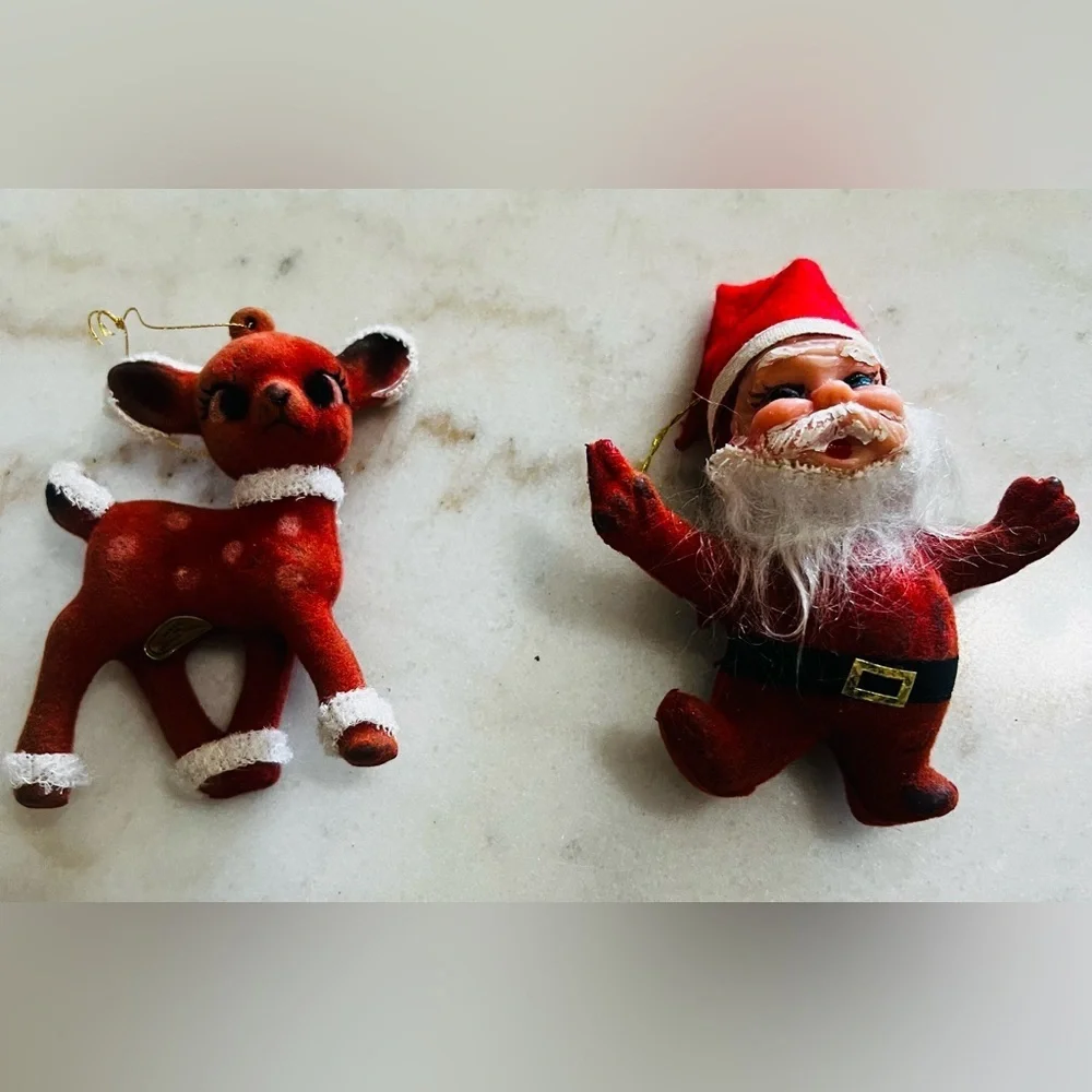 Vintage Mid Century Red Flocked Santa And Reindeer Christmas Tree Ornaments Set